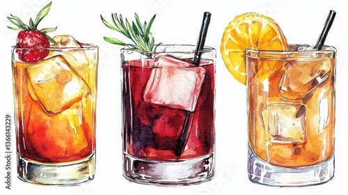 Hand-painted watercolor cocktails presented against a pristine white backdrop.
