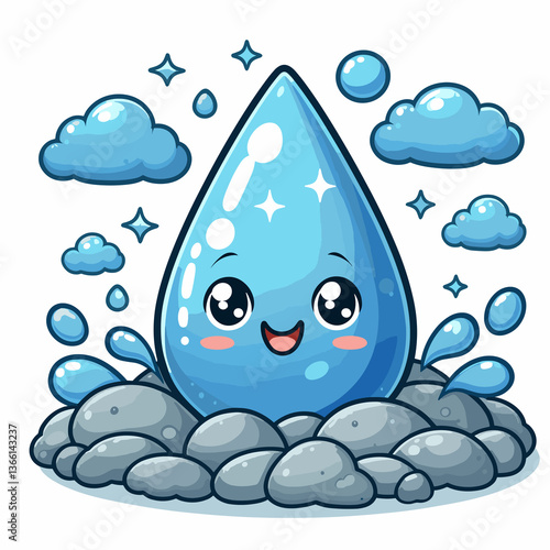 A cartoonish water droplet is surrounded by rocks and clouds