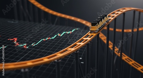 A rollercoaster car traverses a winding track against a backdrop of financial charts, symbolizing market volatility