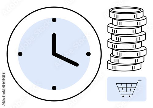 Clock emphasizes time, coins represent money and wealth, shopping cart highlights commerce. Ideal for business, e-commerce, efficiency, financial planning, time management, savings productivity flat