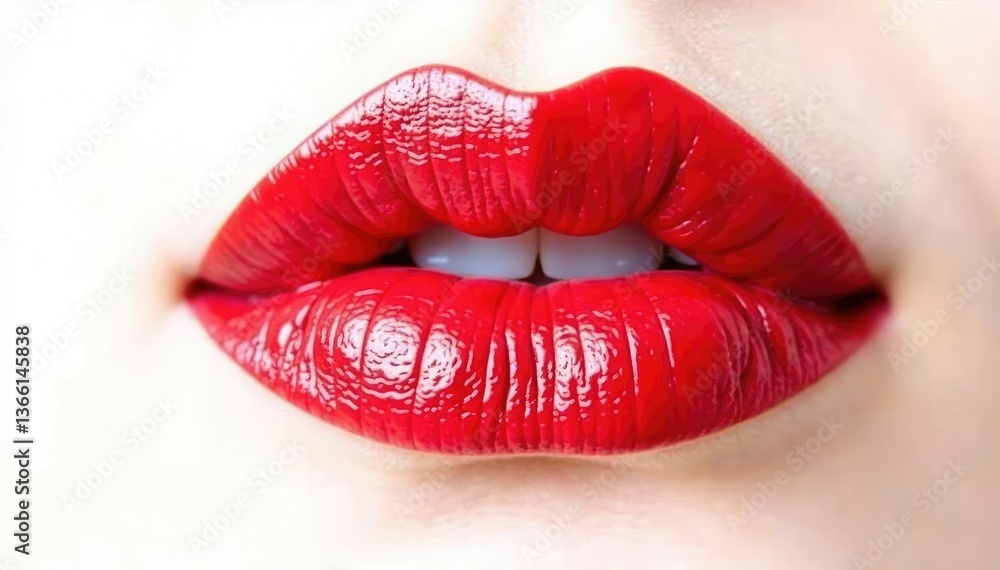 Obraz premium Intense red lip color swatch, stark white backdrop , texture, make-up