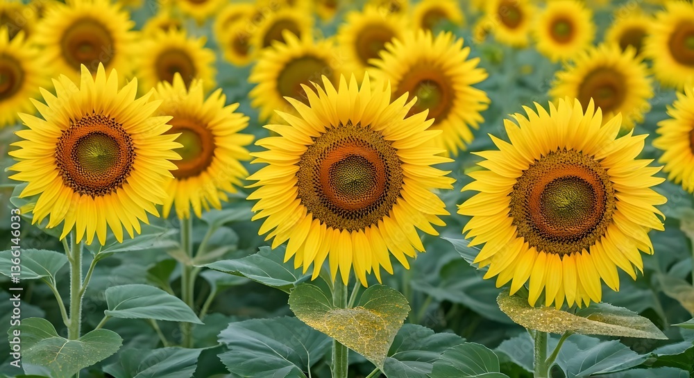 Fototapeta premium A lush yellow sunflower field with a bright, open space for copy, AI Generated