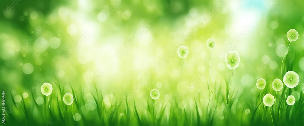 Obraz premium a soft green meadow with bokeh lights, a serene nature background, a peaceful grassy landscape