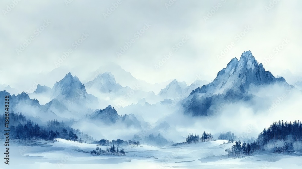 Misty Mountain Range in Cool Blue Tones Misty Mountain Range in Cool Blue Tones