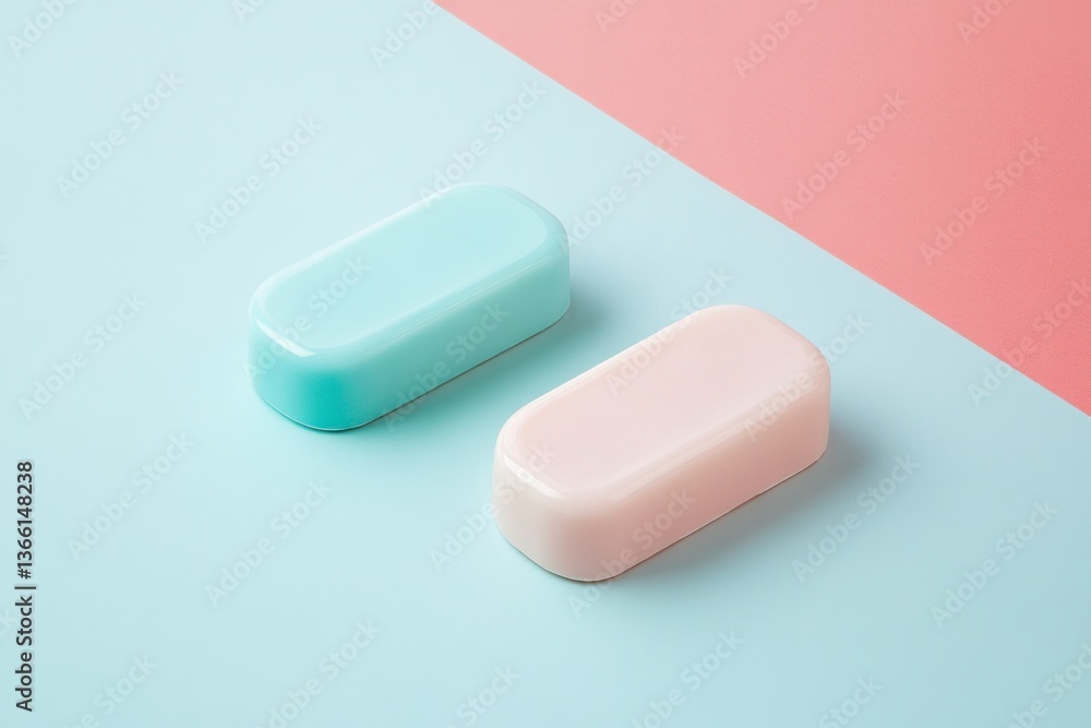 Two Pastel Soap Dishes on Split Pink and Blue Background Two Pastel Soap Dishes on Split Pink and Blue Background