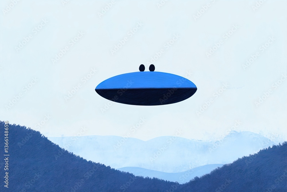 Mysterious blue craft hovers over serene mountain landscape at dawn Mysterious blue craft hovers over serene mountain landscape at dawn
