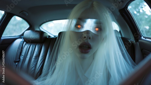 Ghostly figure with glowing eyes stares from a car's back seat