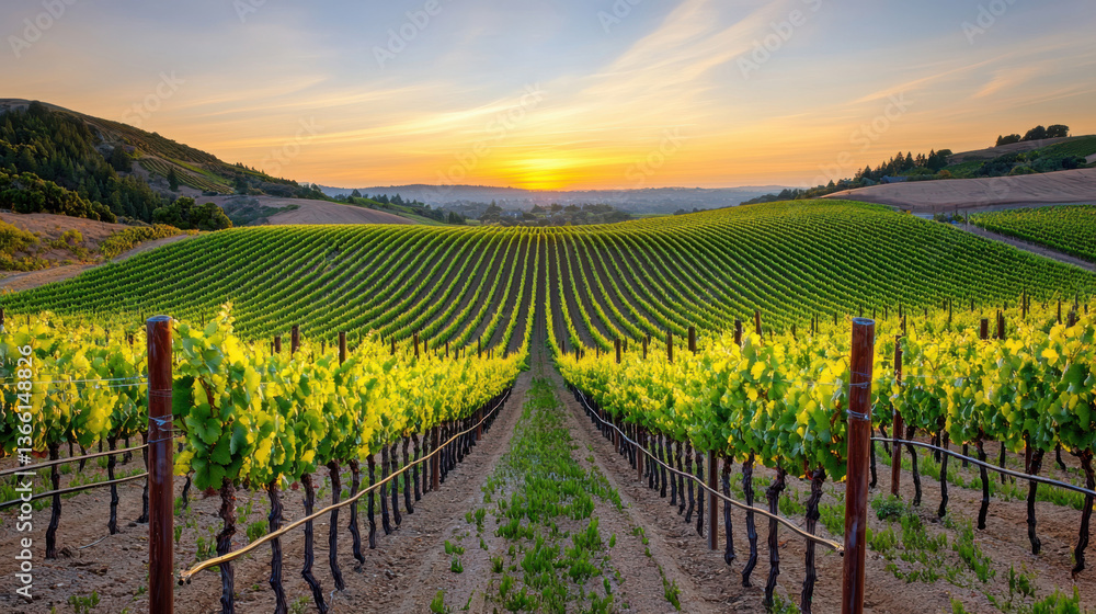 Naklejka premium A beautiful sunset over a vibrant vineyard, showcasing lush green grapevines.