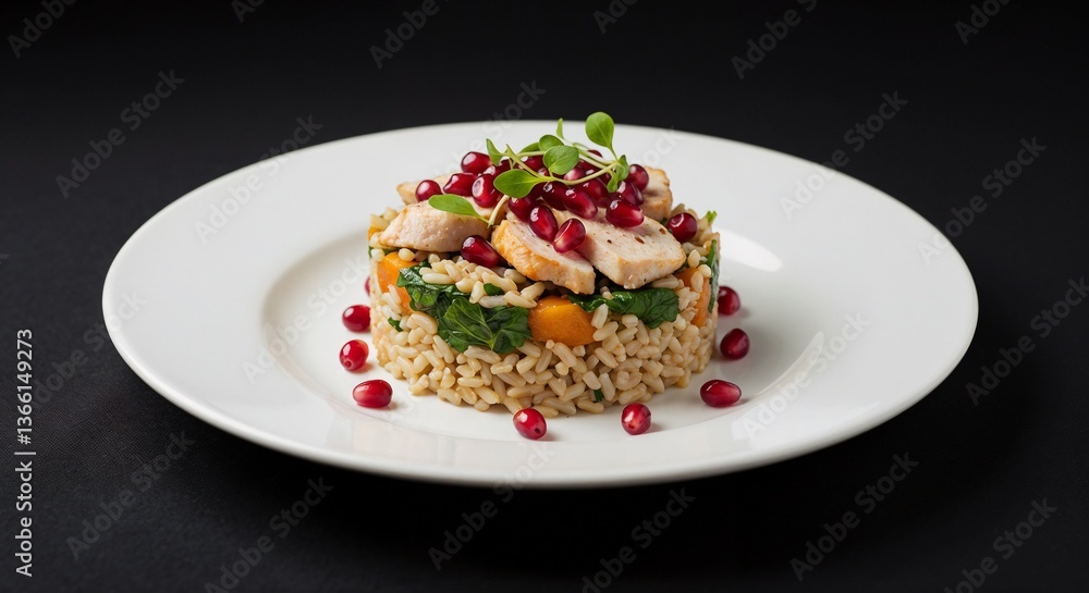 Delicious chicken and rice salad with pomegranate on white plate Delicious chicken and rice salad with pomegranate on white plate