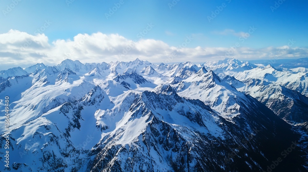 Fototapeta premium Aerial View of Majestic Snow-Capped Mountains under a Clear Blue Sky
