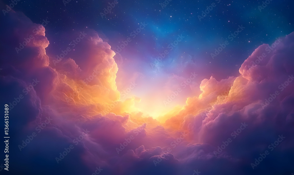 Fototapeta premium Dreamy Cosmic Scene with Clouds, Stars, and Ethereal Light Effects
