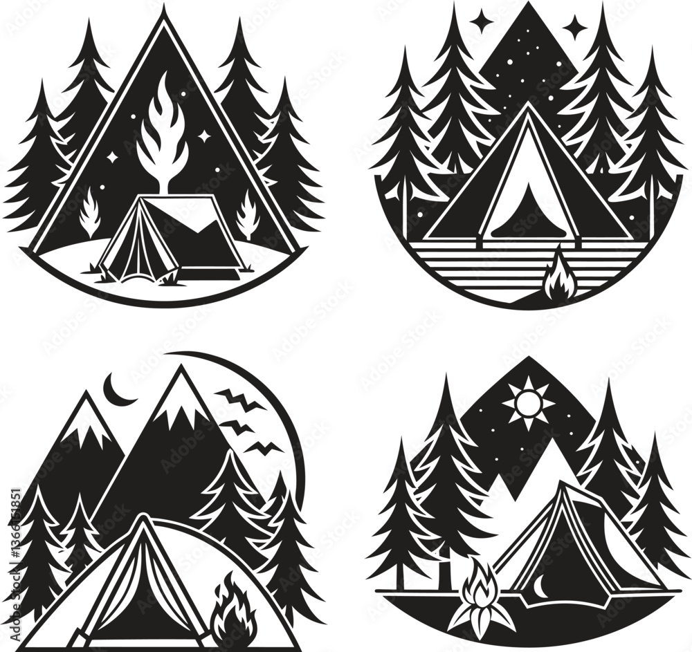 Obraz premium Camping Adventure Badges: Set of illustrations, featuring various camping scenes: tents, campfires, trees, mountains, night sky, and celestial elements.
