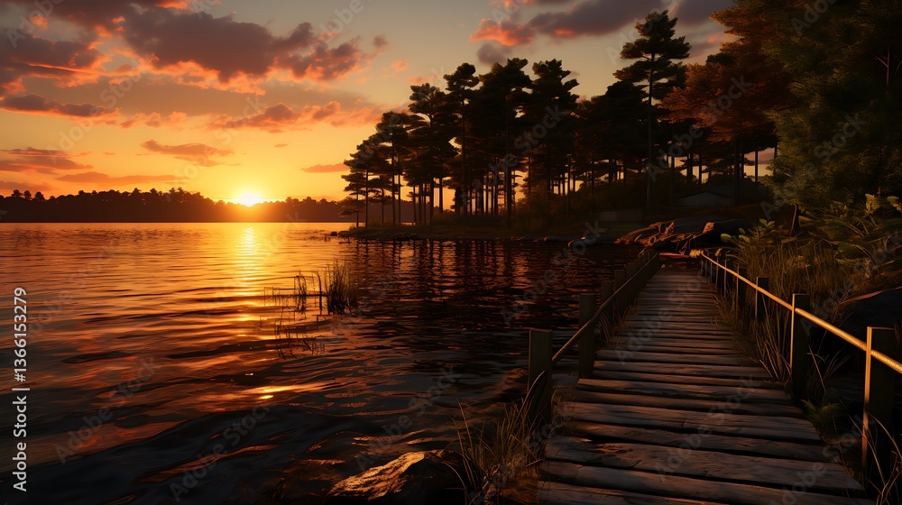Obraz premium Sunset Serenity: A Wooden Bridge Leading to a Tranquil Lake