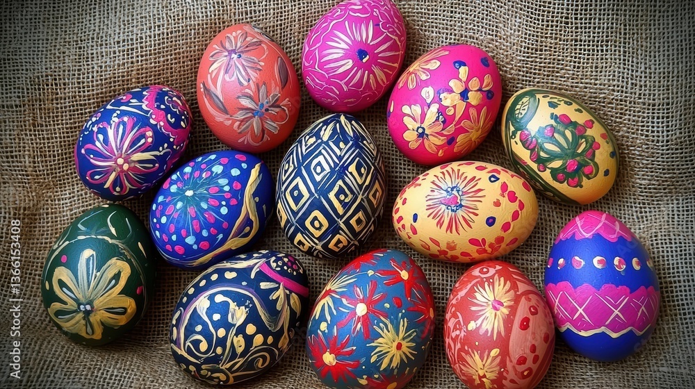 Colorful hand-painted easter eggs displayed on rustic linen celebrating spring traditions artistic photography Colorful hand-painted easter eggs displayed on rustic linen celebrating spring traditions artistic photography