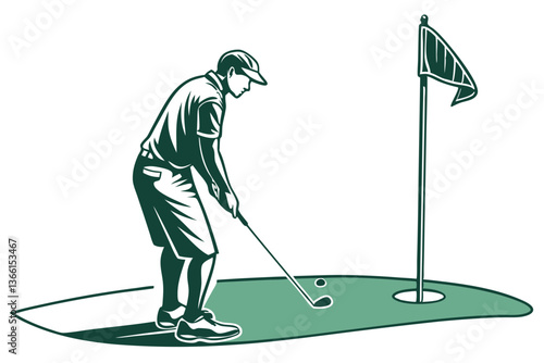 Golfer Focusing on Putt with Flag in the Background