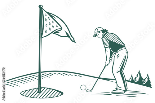 Golfer Focusing on Putt with Flag in the Background