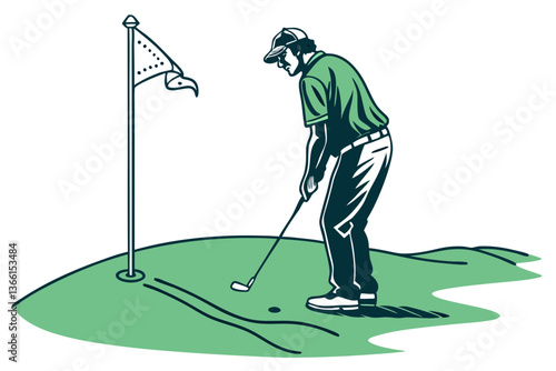 Golfer Focusing on Putt with Flag in the Background