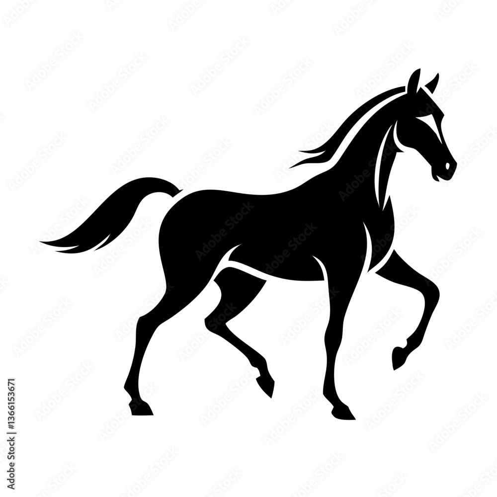 A black vector silhouette of a running stallion, an equestrian farm animal A black vector silhouette of a running stallion, an equestrian farm animal