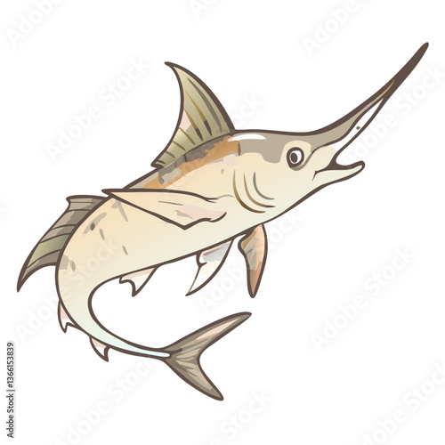 a marlin with a prominent bill. The marlin's body is streamlined for swift movement in the ocean