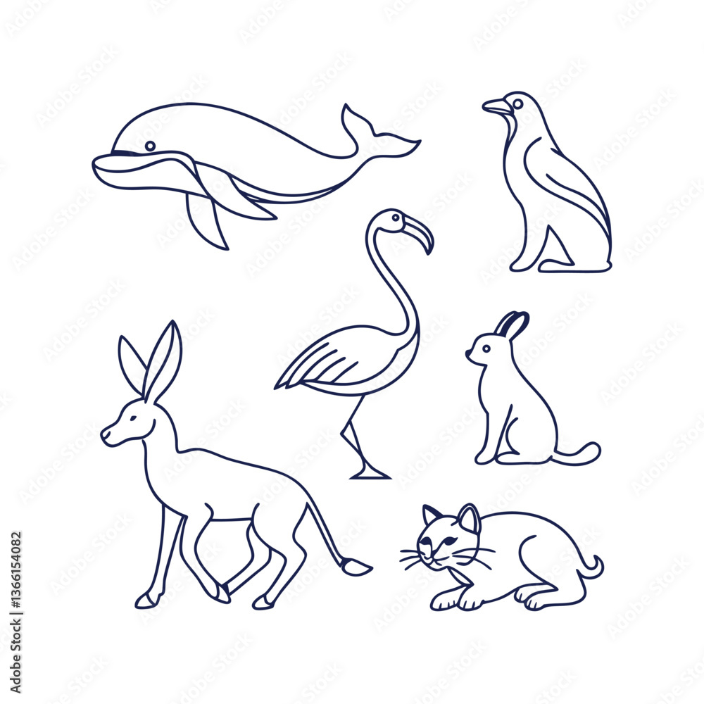 Obraz premium Set of 6 minimalist animal icons vector