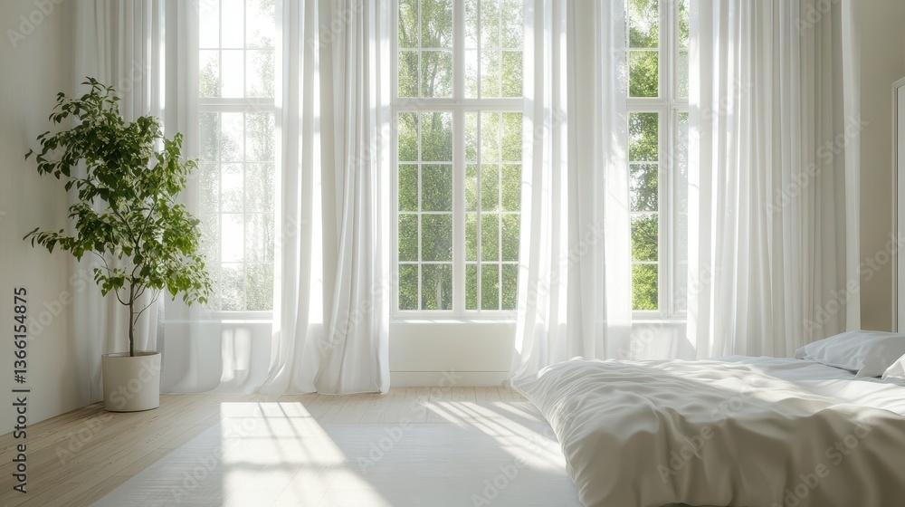 Fototapeta premium Bright Bedroom with White Curtains Open Windows and Green Potted Plant with Sunlight Streaming onto the Floor Creates a Calm and Cozy Modern Interior
