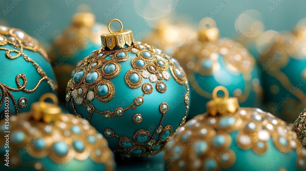 Decorative teal and gold Christmas ornaments arranged in a blurred background Decorative teal and gold Christmas ornaments arranged in a blurred background
