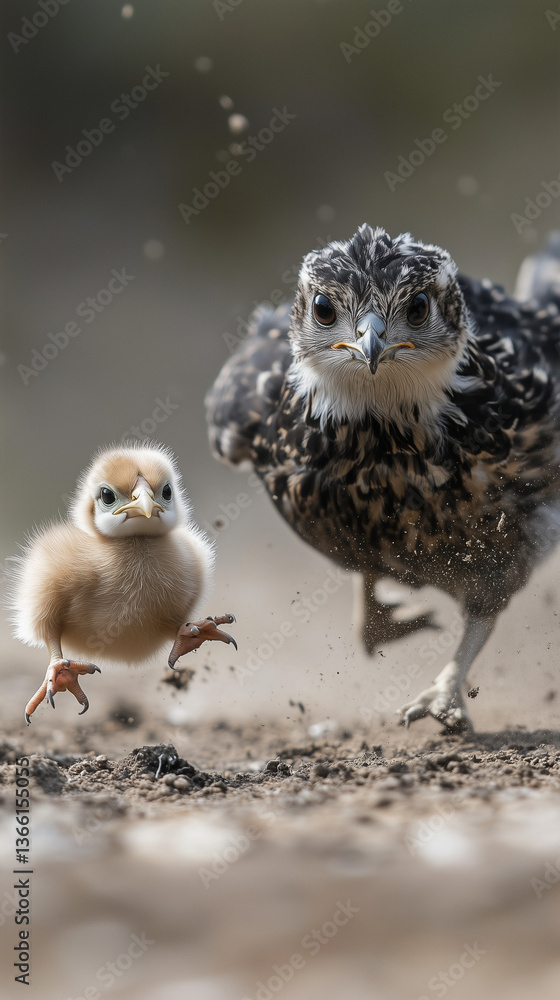 Obraz premium Determined Hawk Chasing a Fleeing Chick – Action Wildlife Photography