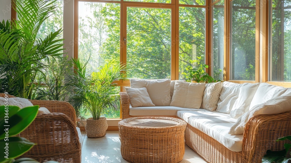 Fototapeta premium Bright Sunroom with Rattan Furniture Beige Cushions and Lush Green Plants Creating a Cozy and Natural Indoor Living Space with Corner Sofa and Abundant Sunlight
