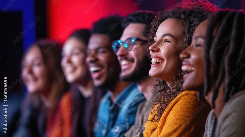 Fototapeta premium Diverse audience enjoying laughter at a comedy show in a vibrant theater atmosphere during the evening
