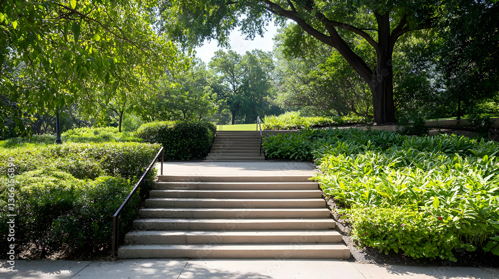 Stone Staircase Ascends Through Green Garden with Trees and Sunny Daylight Stone Staircase Ascends Through Green Garden with Trees and Sunny Daylight