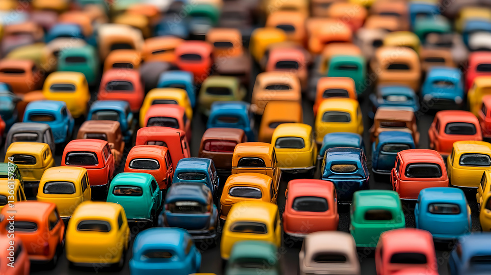 Fototapeta premium Collection Of Miniature Colorful Toy Cars Displayed In Rows On Black Surface