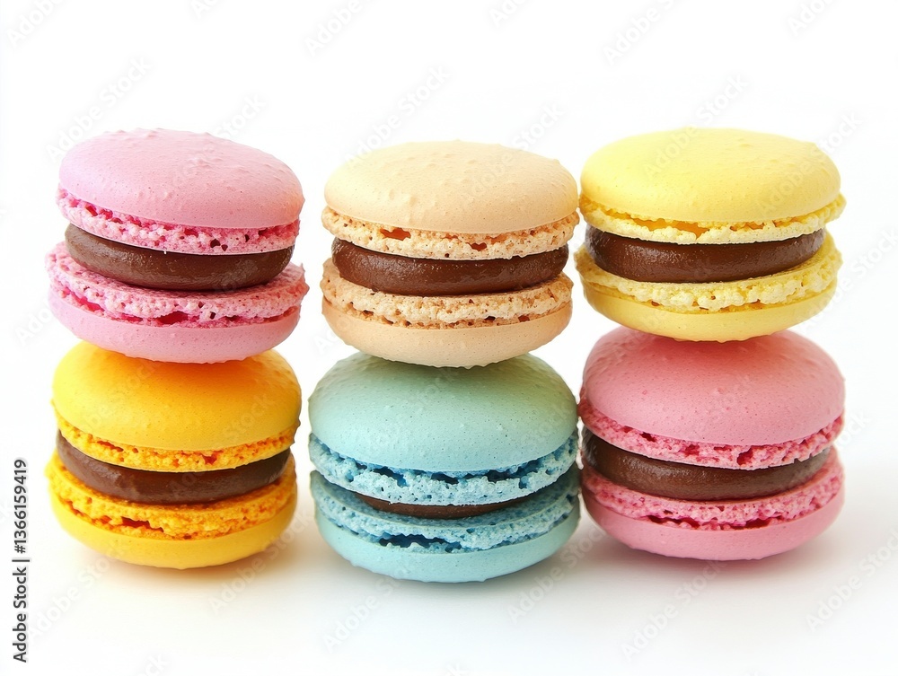 Pastel Macarons with Chocolate Filling on White Background Pastel Macarons with Chocolate Filling on White Background