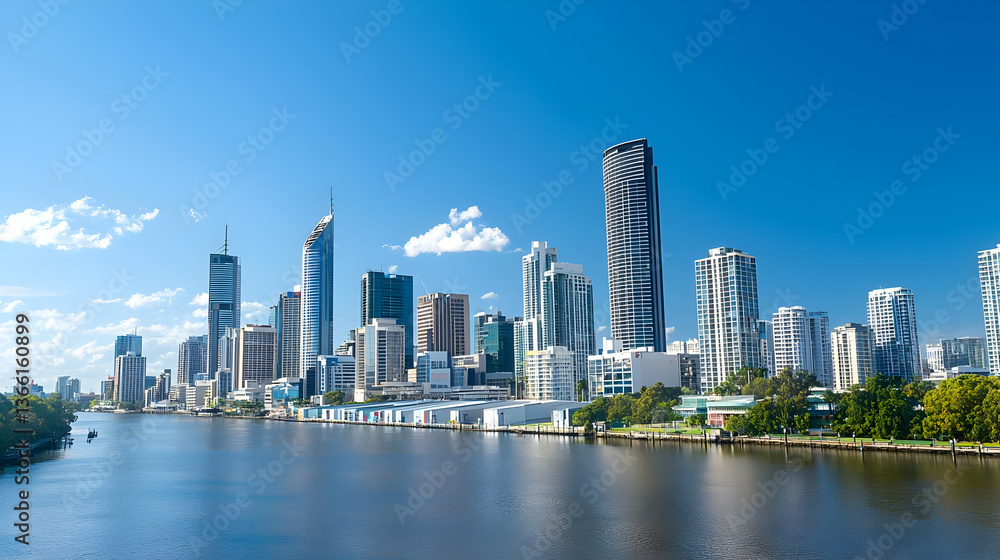 Brisbane City Skyline Over River with Modern Buildings Brisbane City Skyline Over River with Modern Buildings