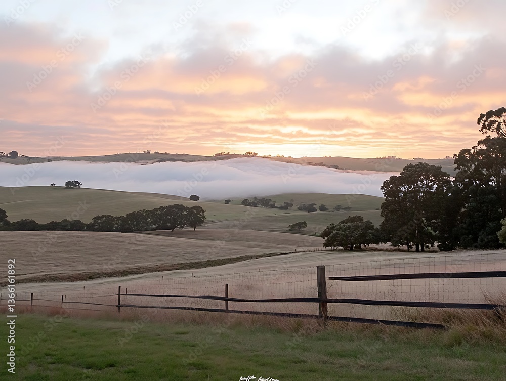 Obraz premium Sunrise Mist Over Rural Fields.