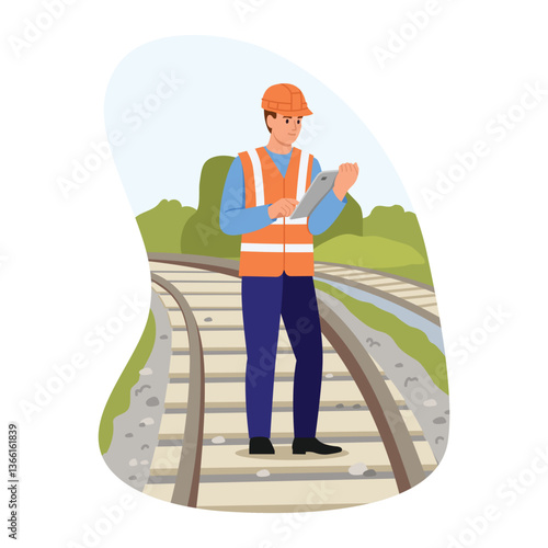Vector illustration of a man inspecting railway tracks. Cartoon scene of a man in a safety helmet, vest,looking at a tablet,standing on a railway track,isolated on a white background.Railway engineer.