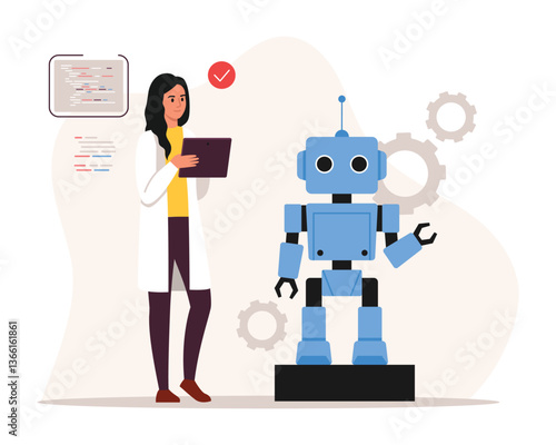 Vector illustration of woman using artificial intelligence. Cartoon scene of woman looking at tablet, working with robot assistant, isolated on white background. Software developer. Modern technology.