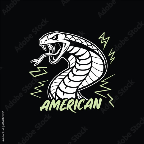 The t-shirt design features a fierce, coiled cobra in black and white