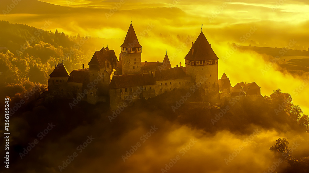 Castle in fog golden hour sunrise scenic view fairy tale landscape travel destination architecture history Castle in fog golden hour sunrise scenic view fairy tale landscape travel destination architecture history