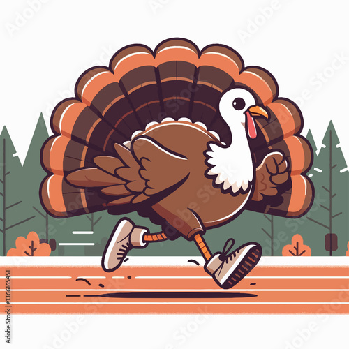 A cartoon turkey is running on a track