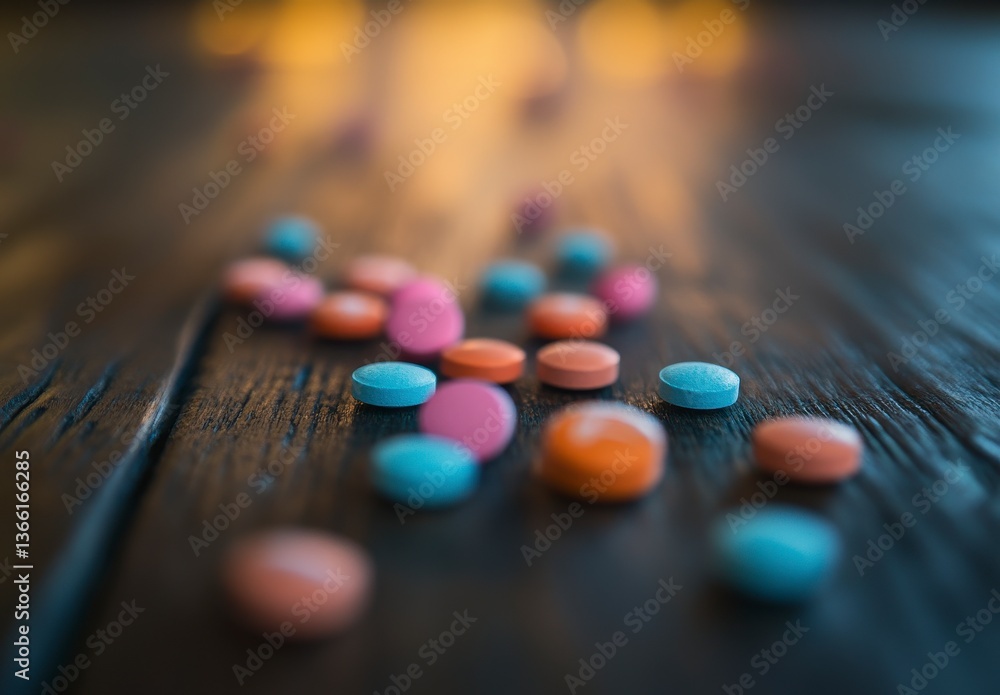 Scattered Pastel Pills on Dark Wood Surface Scattered Pastel Pills on Dark Wood Surface