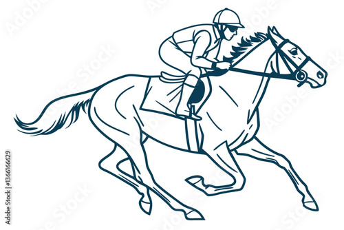 Jockey Riding a Galloping Horse in Race. Vector Art Illustration