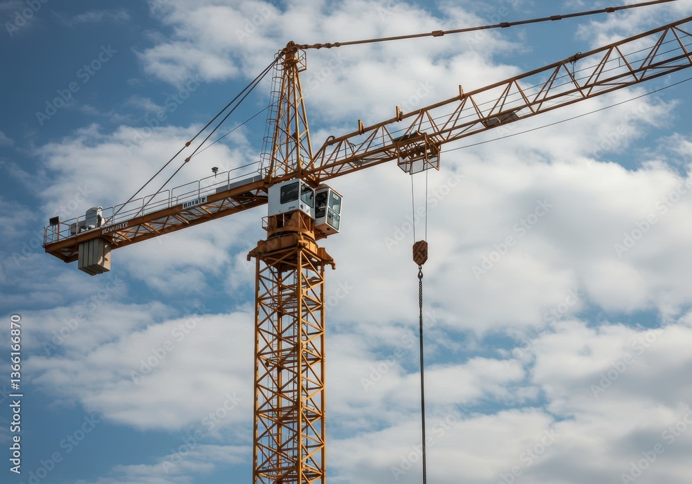 Tower crane under blue sky and white clouds creating urban skyline, for construction of residential, office building or infrastructure in civil engineering Tower crane under blue sky and white clouds creating urban skyline, for construction of residential, office building or infrastructure in civil engineering