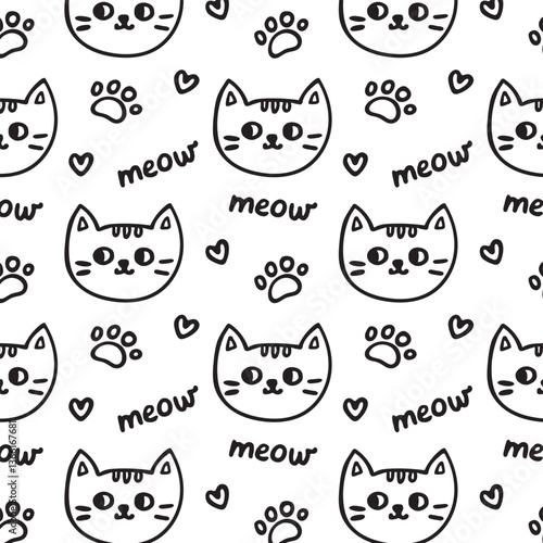 Seamless pattern with cute hand drawn cat