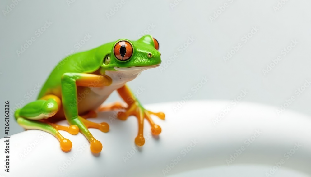 Obraz premium Green tree frog perched on white, vibrant skin, animal, tropical
