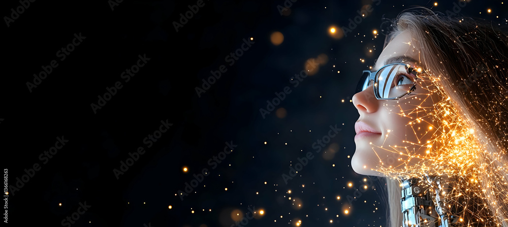 Fototapeta premium A young woman, wearing glasses, gazes upward. Her face is partially obscured by sparks, suggesting transformation or technological integration. The dark background emphasizes the ethereal glow