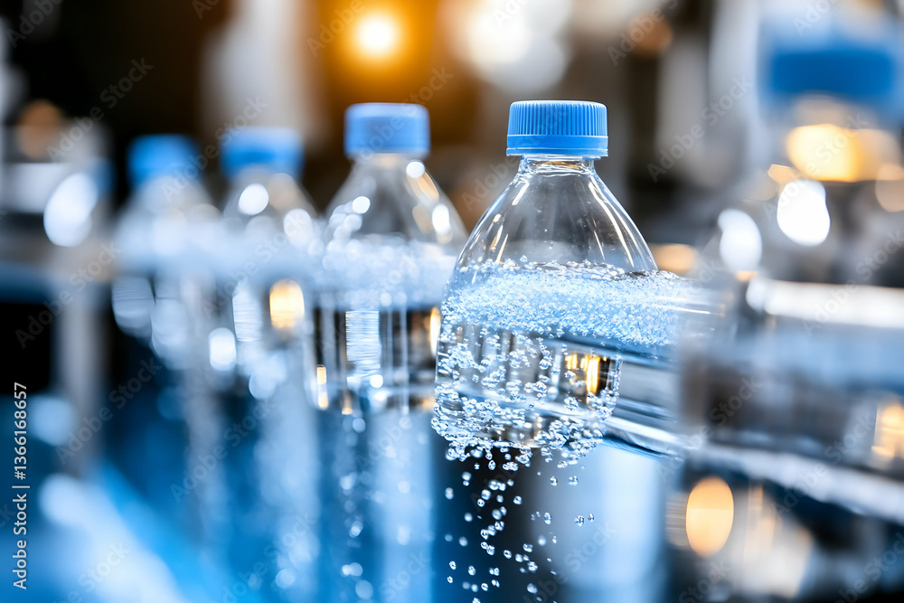 Bottled water production line. Clear plastic bottles are filled with water and capped. Bubbles rise as the liquid flows. The process is automated and efficient Bottled water production line. Clear plastic bottles are filled with water and capped. Bubbles rise as the liquid flows. The process is automated and efficient