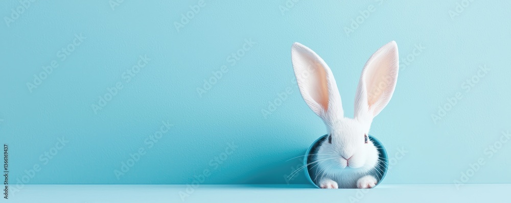 Adorable white bunny peeks from a circular hole on a pastel blue background with copy space, perfect for Easter banners, spring ads, and playful minimalist promotions Adorable white bunny peeks from a circular hole on a pastel blue background with copy space, perfect for Easter banners, spring ads, and playful minimalist promotions