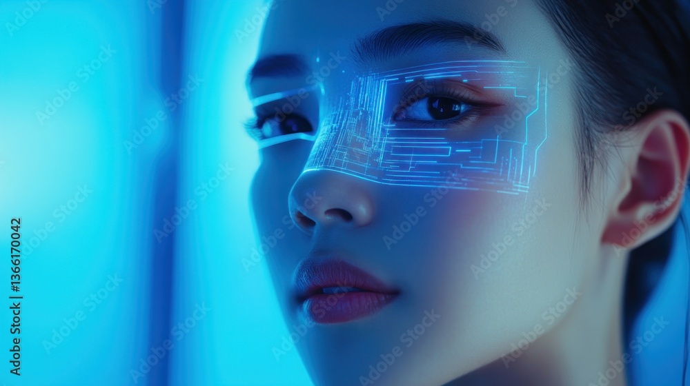 Cyberpunk Aesthetics, Futuristic Woman with Digital Overlay Cyberpunk Aesthetics, Futuristic Woman with Digital Overlay