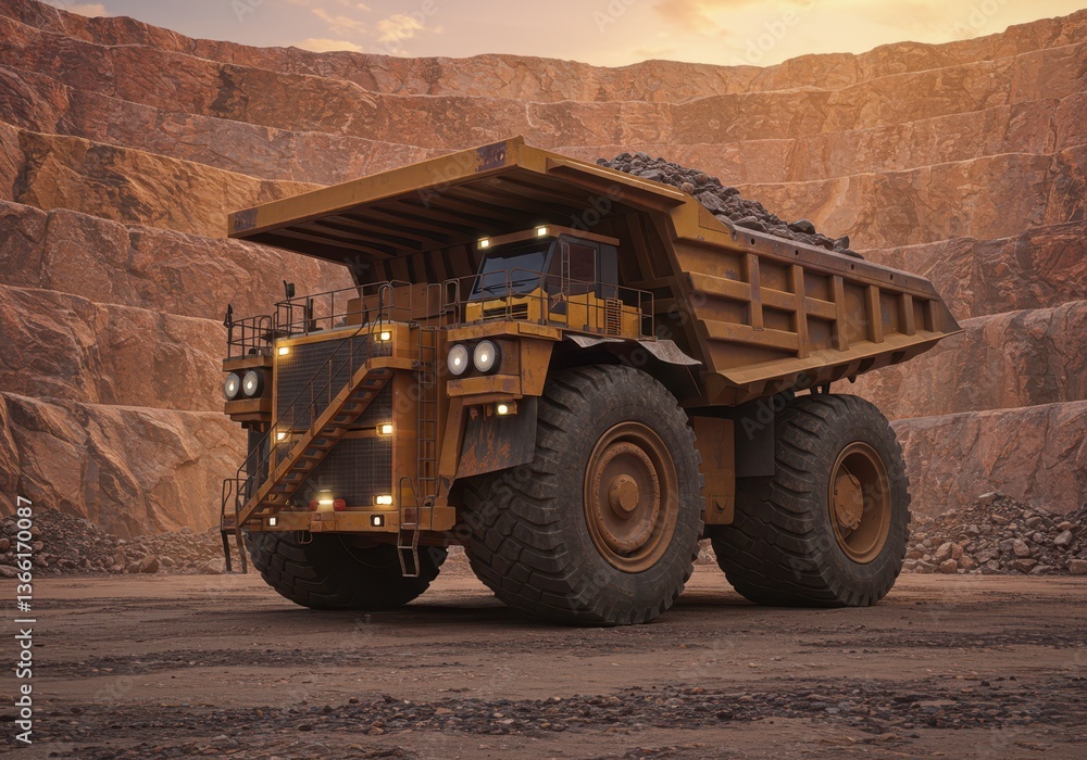 Heavy dump truck in quarry delivering ore. Open pit mine with huge mining machine for rock extraction for construction work, materials transportation. Heavy dump truck in quarry delivering ore. Open pit mine with huge mining machine for rock extraction for construction work, materials transportation.