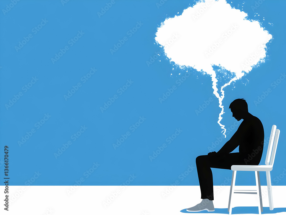 A silhouette of a person sits slumped in a chair, a thought bubble above them, suggesting contemplation, sadness, or mental health struggles. The image uses simple shapes and stark contrast A silhouette of a person sits slumped in a chair, a thought bubble above them, suggesting contemplation, sadness, or mental health struggles. The image uses simple shapes and stark contrast